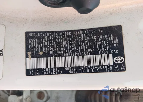 2014 Toyota Corolla Le Eco из США, поврежденный, VIN 5YFBPRHE6EP073508